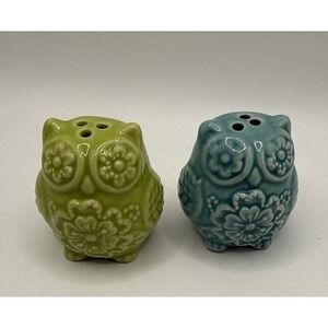 Owl Salt & Pepper Shakers Ceramic Boho Reto Green & Retro Turquoise 1.5"